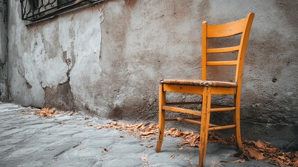 Rustic wooden chair resting against weathered wall on cobblestone street with scattered autumn leaves, invoking nostalgia and simple living