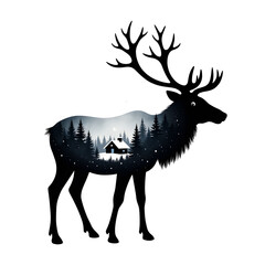 Silhouette of a Reindeer and Winter Landscape: A captivating silhouette of a reindeer, with its majestic antlers, unveils a serene winter landscape encapsulated within its form.