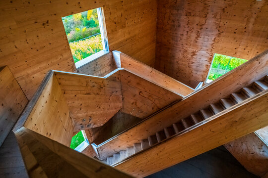 Interior of wooden observation tower with staircase near Korb in Remstal valley