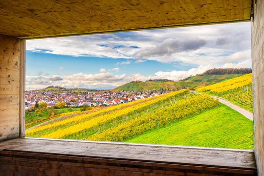 View from observation tower over vineyards and village Korb, Remstal valley