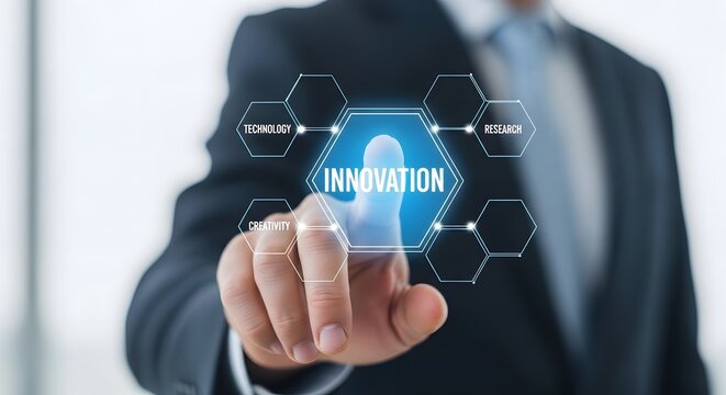 Businessman interacting with innovation hologram display in a modern office