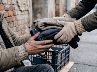 Volunteer giving warm clothes to homeless man on street charity donation help poverty support winter kindness humanitarian aid social work poor person urban lifestyle compassion sharing cold weather r