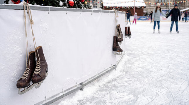 Blank white horizontal banner mockup on ice rink barrier with vintage skates hanging empty copy space for advertisement logo text marketing promotion winter sport background snowy day outdoor activity
