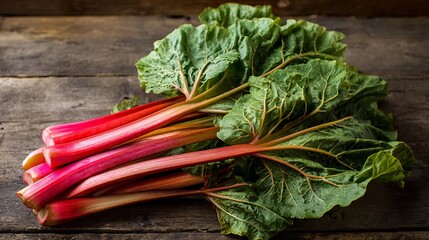 Freshly picked vibrant rhubarb stalks with leaves on rustic wooden background for healthy cooking and delicious desserts recipe ideas