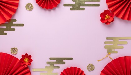 Happy chinese new year greeting card with flower, asian elements gold paper cut style for banner or greeting card on a pink background