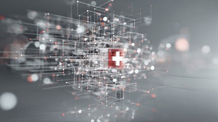 A digital representation featuring a glowing red cross amidst a web of interconnected lines and nodes, symbolizing healthcare and technology.