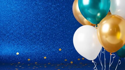 Festive balloons floating on a sparkling blue background with confetti, perfect for celebrations and parties - Powered by Adobe