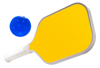 Yellow pickleball paddle with Blue pickleball isolated on white with clipping path, modern sports equipment for pickleball training and gameplay PNG file.