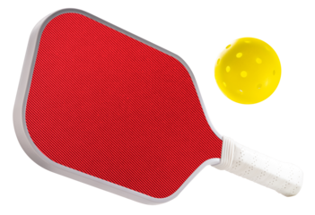 Red pickleball paddle with Yellow pickleball isolated on white with clipping path, modern sports equipment for pickleball training and gameplay PNG file.