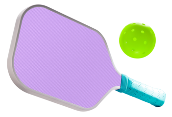Violet pickleball paddle with Green pickleball  isolated on white with clipping path, modern sports equipment for pickleball training and gameplay PNG file.