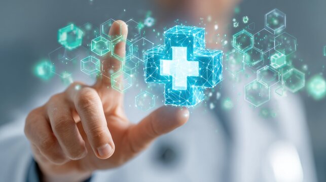 A healthcare professional interacts with a digital medical cross symbol, representing technology and innovation in the medical field.