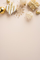 Elegant vertical gold and beige holiday decor featuring gifts, ornaments, and ribbons, creating a...