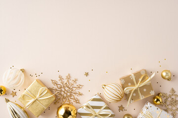 Golden gifts and ornaments create a warm Christmas scene with snowflakes and ribbons, perfect for...