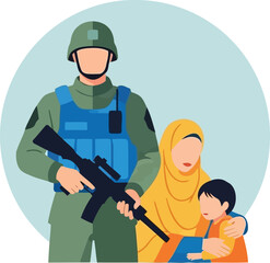 Fototapeta premium Soldier Protecting Muslim Woman and Child Illustration, Security and Protection Concept