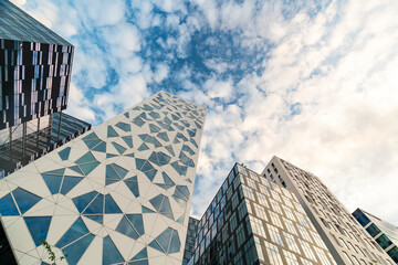 Modern towers of the Barcode district in Oslo with blue summer sky