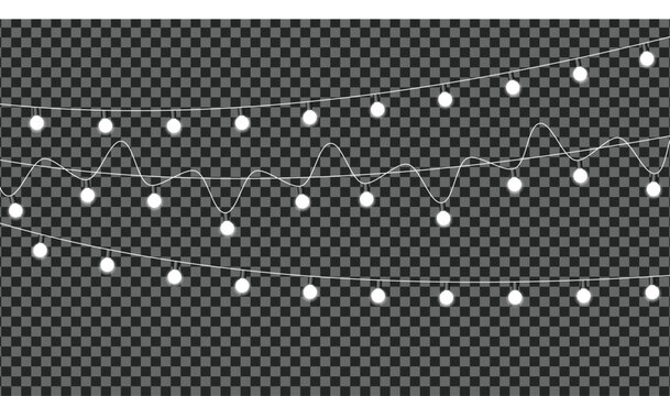 Decorative glowing white string lights on transparent background isolated on transparent background