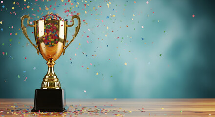 Golden trophy with festive confetti