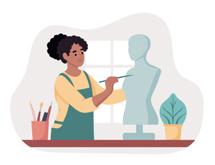 Female artist working on a bust in a bright art studio. Woman sculptor carefully shapes the sculpture, surrounded by tools and calm creative atmosphere. Sculptor at work vector illustration.