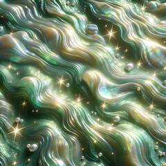 Shiny green holographic background with iridescent, fluid and flowing lines, abstract wave texture, dreamy, ethereal, shimmering, delicate gradients, copy space