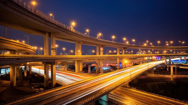 interchange. City interchange at night with abstract light trails, capturing dynamic urban energy. mobility guides, transit brochures, designed for transport & logistics marketing.
