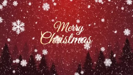 A motion graphic design featuring deep, gradient red background layered across the screen are dark, subtle silhouettes of pine trees and a continuous animation of soft snowflakes drifts down from top. - Powered by Adobe