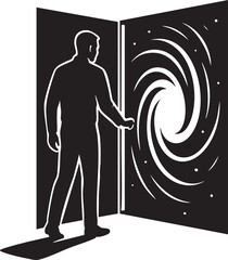 Man opening a door to another dimension silhouette vector