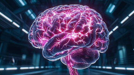 Glowing Digital Brain Abstract Pink and Purple Neural Network in Dark Futuristic Setting