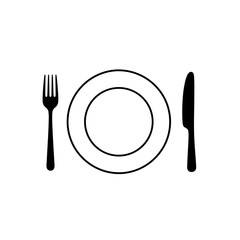 Outline illustration of a plate with a fork and knife on either side