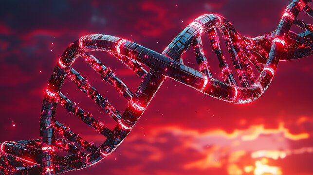 Glowing DNA Helix Against Fiery Sunset