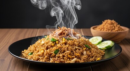 Steaming Hot Fried Rice Served on a Black Plate with Cucumber Slices.