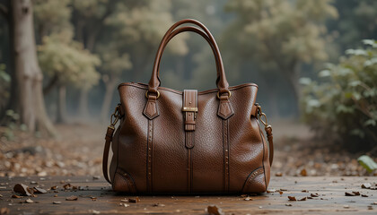 Brown leather handbag on wooden background stylish fashion accessory