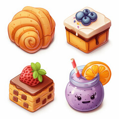 Sweet dessert collection with croissant, cake, and smoothie