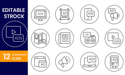 Editable stroke vector icon set featuring advertising elements isolated on, suitable for various marketing and promotional designs