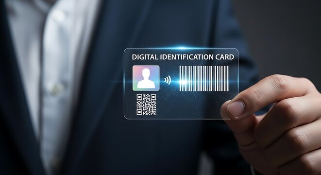 Futuristic Digital Identification Card Concept Presented by a Professional in Business Attire Showcasing Modern Authentication and Security Featuring a User Profile Barcode and QR Code