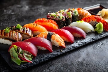 Plate of assorted sushi with a variety of colors and shapes. The sushi is arranged on a black plate, and the presentation is visually appealing
