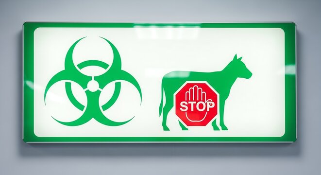 Biohazard Warning Sign with Livestock Restriction and Stop Gesture Symbol