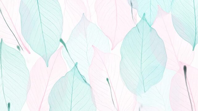 Delicate translucent leaves in shades of pink and teal overlap on a white background