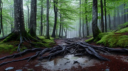 Mysterious forest path adventure lush green woods nature photography tranquil environment ground level view serenity concept