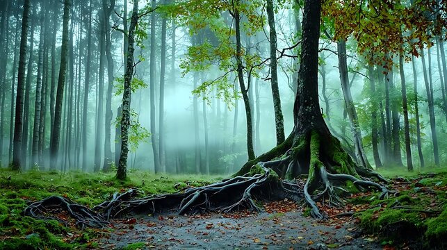 Mysterious forest scene enchanted woods nature photography tranquil environment lush viewpoint serenity concept - Powered by Adobe