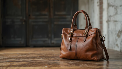 Brown leather handbag on wooden background stylish fashion accessory