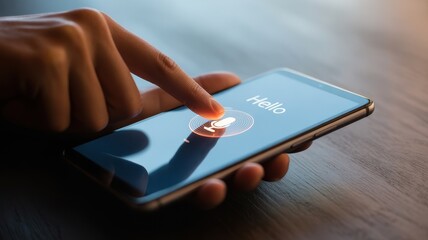 Person using voice assistant on smartphone, pressing microphone icon