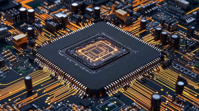 Glowing Orange Circuitry of a Central Processing Unit on a Motherboard