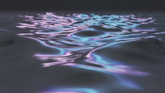 Abstract Liquid Chrome Waves with Iridescent Purple and Blue Reflections flowing in 3D Metallic Water Texture
