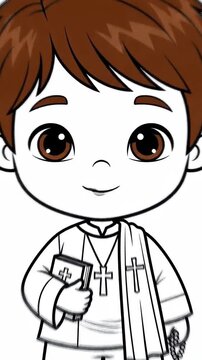Cute cartoon boy dressed in religious attire holding a Bible and rosary, ready for a religious ceremony.