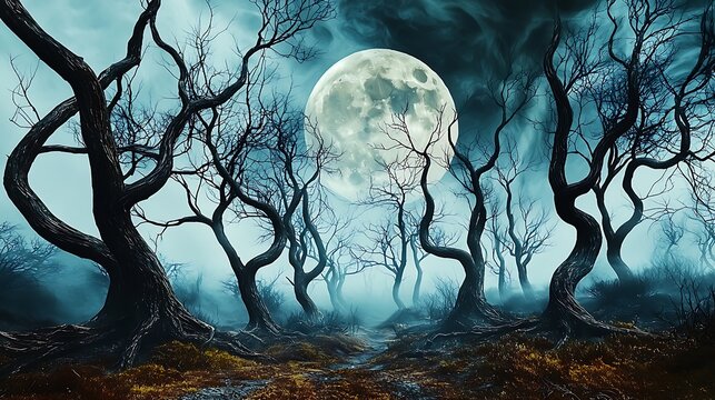 Eerie moonlit encounter dark forest digital art mysterious atmosphere low angle nature's enigma