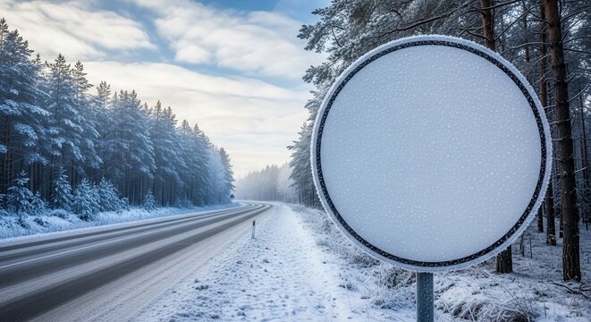 Blank Sign In Snowy Forest Near Road, Winter Scene, Beautiful Landscape