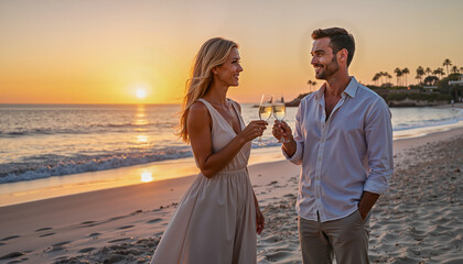 Romantic couple standing on a sandy beach at sunset, smiling at each other while toasting with glasses of white wine. Warm golden light reflects on the ocean waves and creates a serene atmosphere