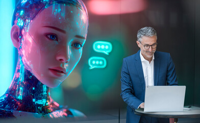 Engineer working on AI chatbot technology with virtual communication interface