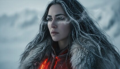 Ice queen, fierce determination, close-up portrait, snowy landscape with mystical elements
