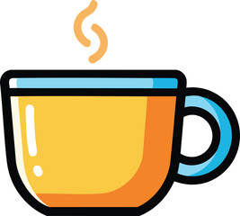 Yellow coffee cup with blue rim emitting steam on white background flat design